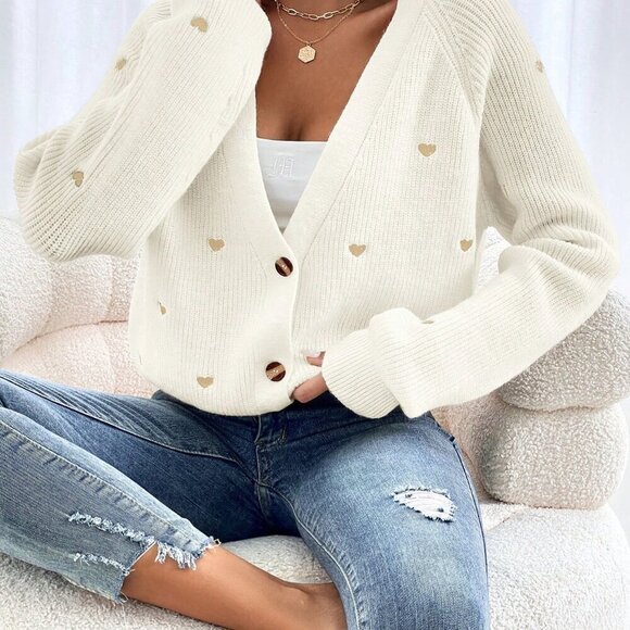 Sweaters - White Casual Women's Cardigan With Heart Embroidery